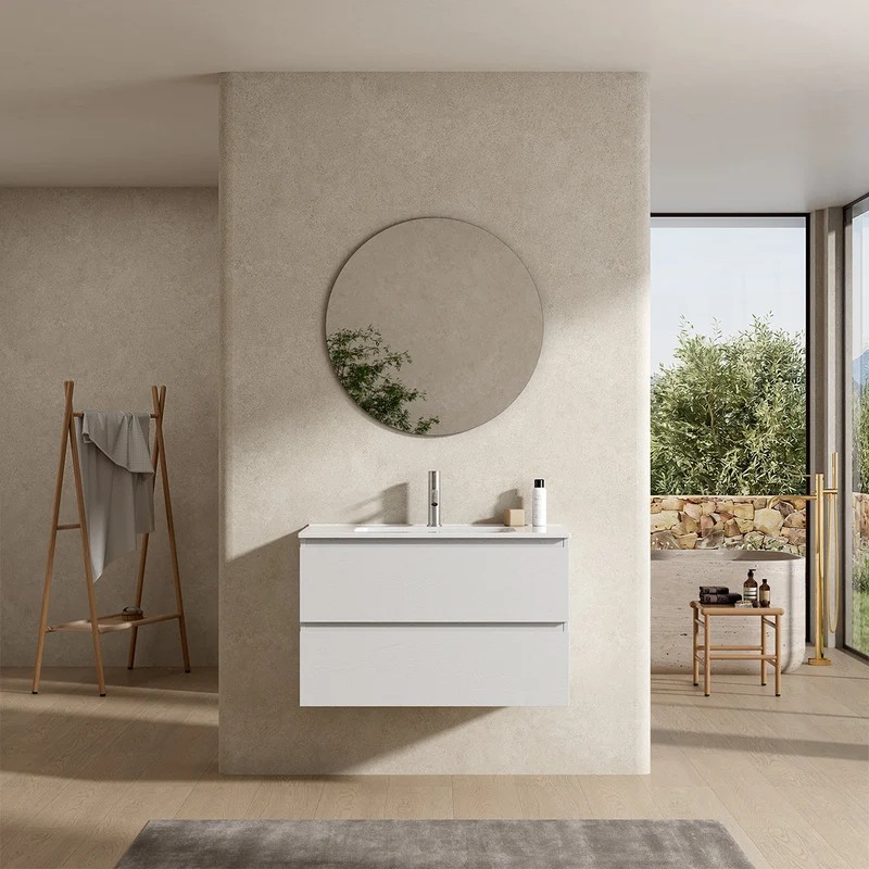 Mobile bagno sospeso 100 cm Bianco Lavabo in Ceramica Specchio Tondo - Fiji Wood