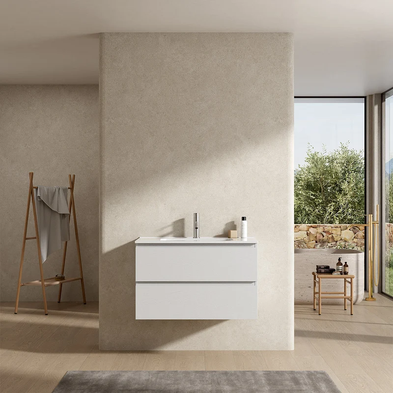 Mobile bagno sospeso 100 cm Bianco Lavabo in Ceramica Senza Specchio - Fiji Wood