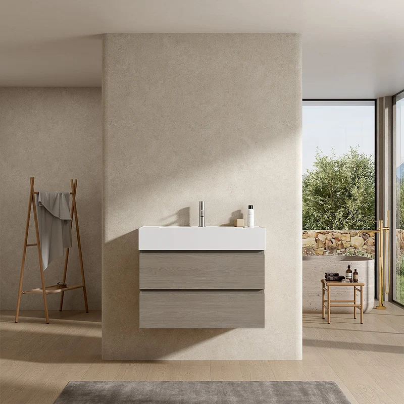 Mobile bagno sospeso 100 cm Beige Lavabo in Resina Senza Specchio - Fiji Wood