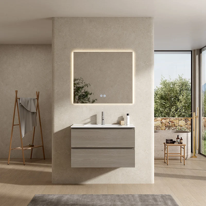 Mobile bagno sospeso 100 cm Beige Lavabo in Ceramica Specchio Quadro Retroilluminato - Fiji Wood