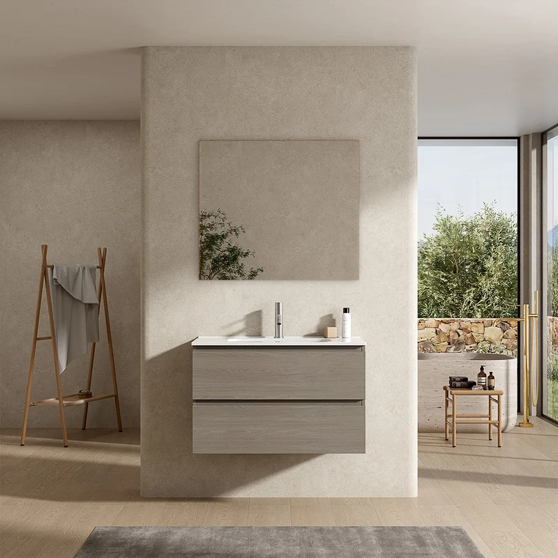 Mobile bagno sospeso 100 cm Beige Lavabo in Ceramica Specchio Quadro - Fiji Wood