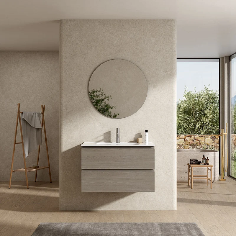 Mobile bagno sospeso 100 cm Beige Lavabo in Ceramica Specchio Tondo - Fiji Wood