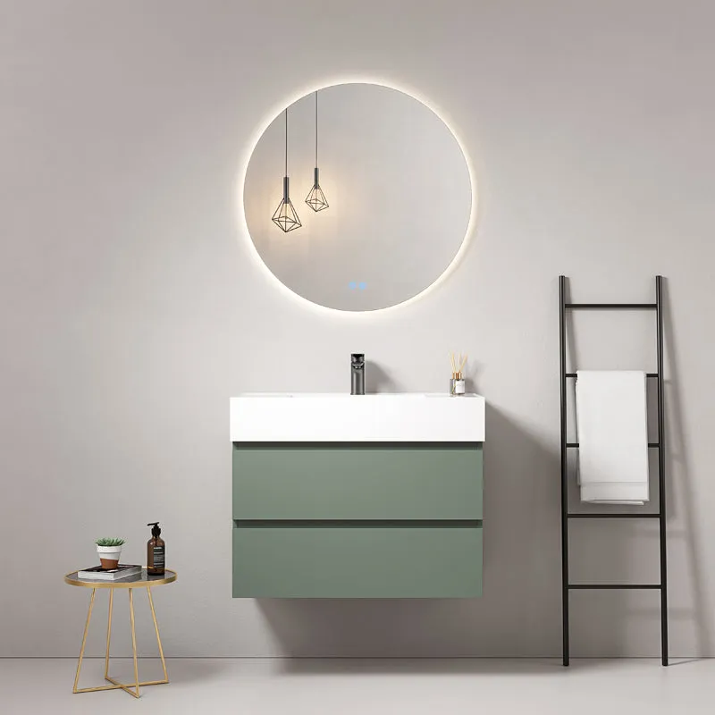 Mobile bagno sospeso 100 cm Verde Salvia Lavabo in Resina Specchio Tondo Retroilluminato - Fiji Paint