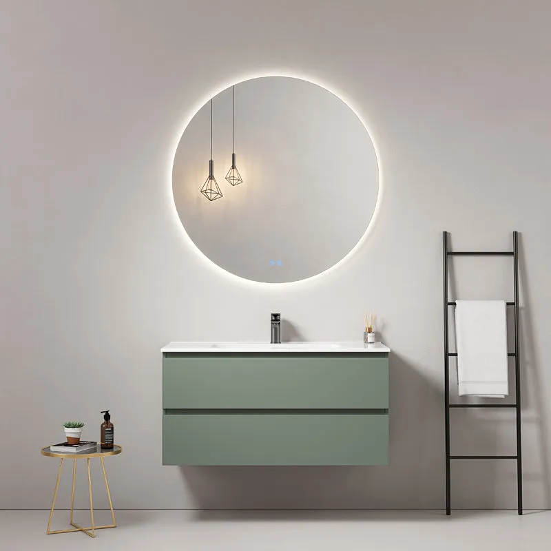 Mobile bagno sospeso 100 cm Verde Salvia Lavabo in Ceramica Specchio Tondo Retroilluminato - Fiji Paint