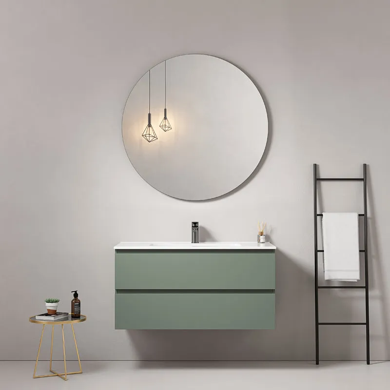 Mobile bagno sospeso 100 cm Verde Salvia Lavabo in Ceramica Specchio Tondo - Fiji Paint