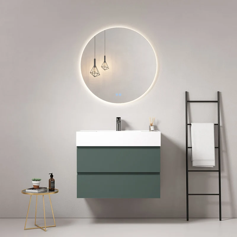 Mobile bagno sospeso 100 cm Verde Comodoro Lavabo in Resina Specchio Tondo Retroilluminato - Fiji Paint