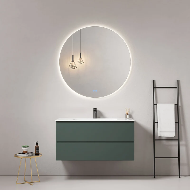 Mobile bagno sospeso 100 cm Verde Comodoro Lavabo in Ceramica Specchio Tondo Retroilluminato - Fiji Paint
