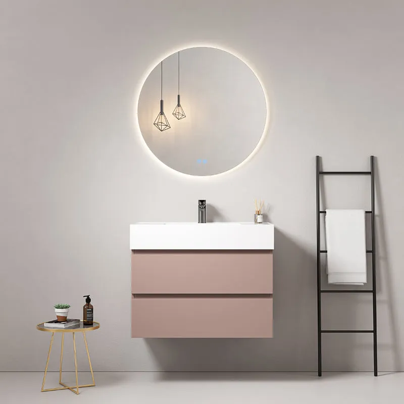 Mobile bagno sospeso 100 cm Rosa Retro Lavabo in Resina Specchio Tondo Retroilluminato - Fiji Paint
