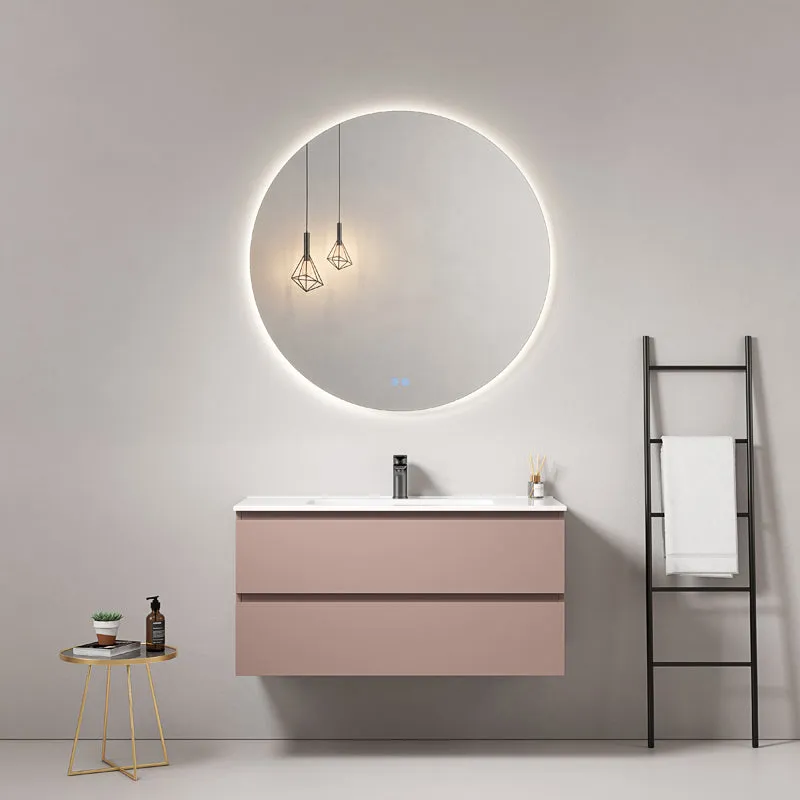 Mobile bagno sospeso 100 cm Rosa Retro Lavabo in Ceramica Specchio Tondo Retroilluminato - Fiji Paint