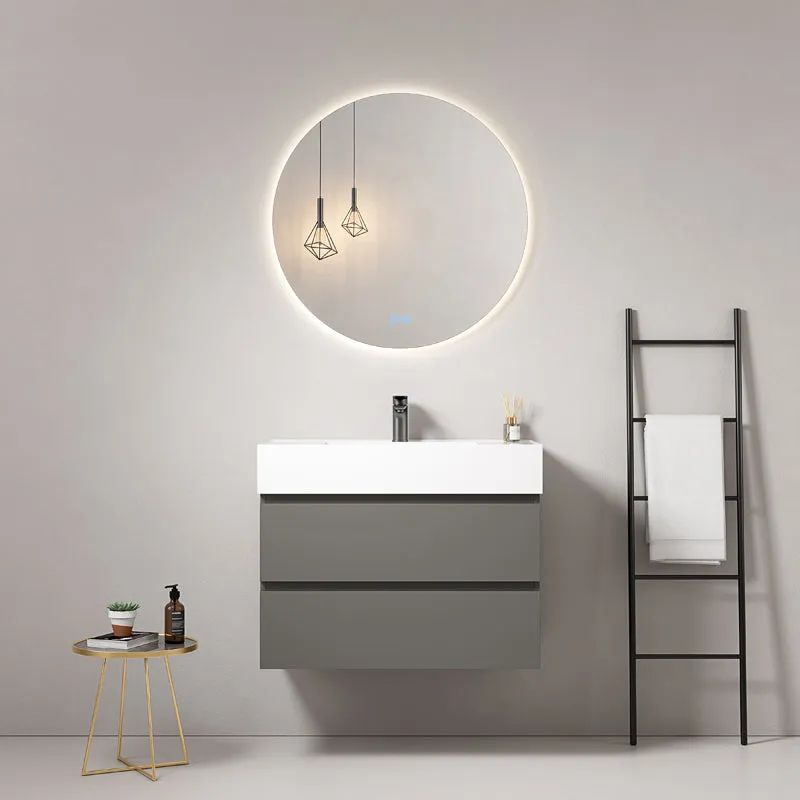 Mobile bagno sospeso 100 cm Grigio Londra Lavabo in Resina Specchio Tondo Retroilluminato - Fiji Paint