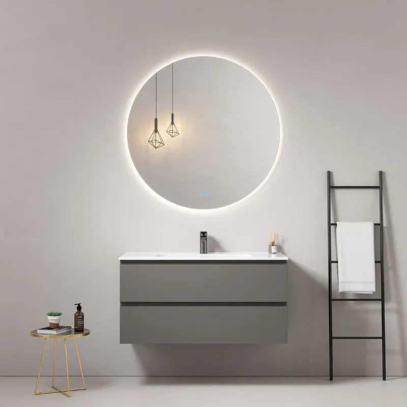 Mobile bagno sospeso 100 cm Grigio Londra Lavabo in Ceramica Specchio Tondo Retroilluminato - Fiji Paint