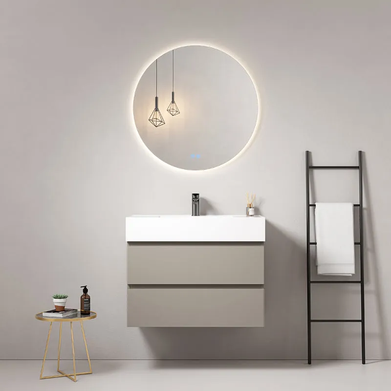 Mobile bagno sospeso 100 cm Grigio Cenere Lavabo in Resina Specchio Tondo Retroilluminato - Fiji Paint
