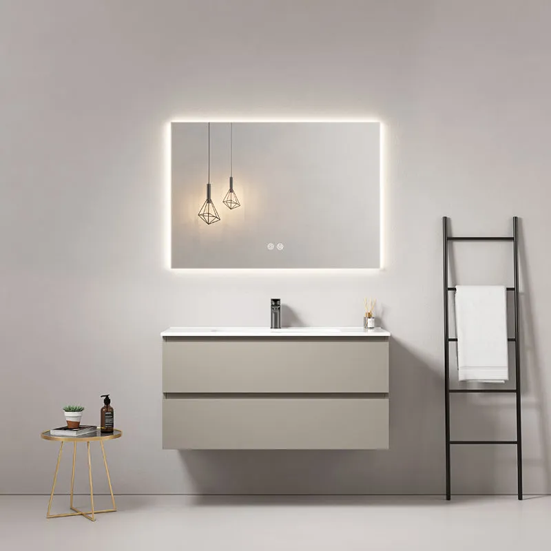 Mobile bagno sospeso 100 cm Grigio Cenere Lavabo in Ceramica Specchio Quadro Retroilluminato - Fiji Paint
