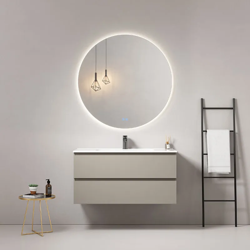 Mobile bagno sospeso 100 cm Grigio Cenere Lavabo in Ceramica Specchio Tondo Retroilluminato - Fiji Paint