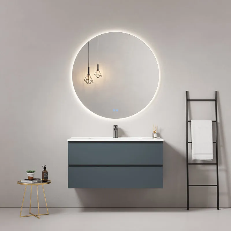 Mobile bagno sospeso 100 cm Blu Mare Lavabo in Ceramica Specchio Tondo Retroilluminato - Fiji Paint