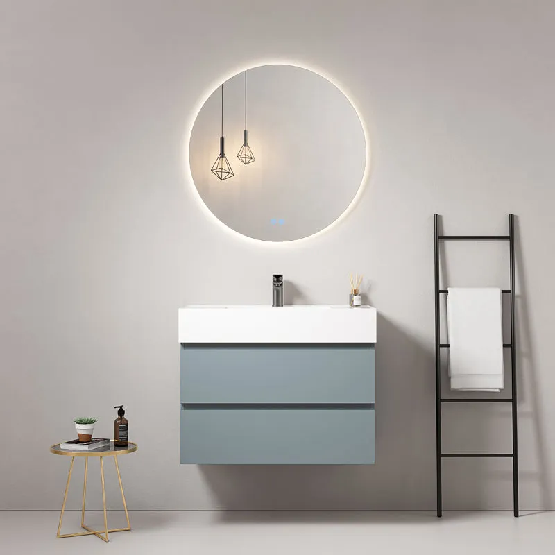 Mobile bagno sospeso 100 cm Blu Avio Lavabo in Resina Specchio Tondo Retroilluminato - Fiji Paint