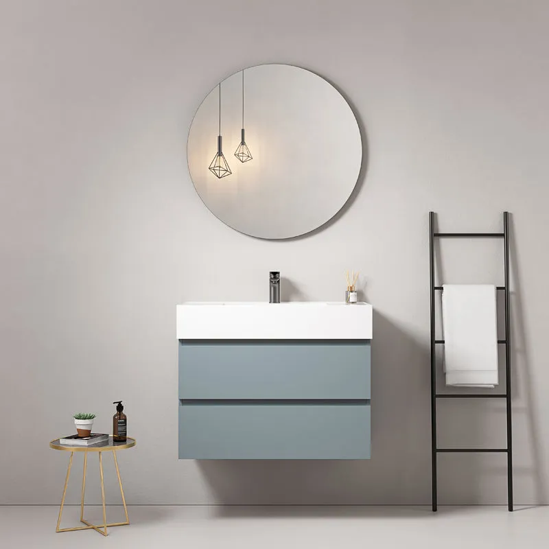 Mobile bagno sospeso 100 cm Blu Avio Lavabo in Resina Specchio Tondo - Fiji Paint