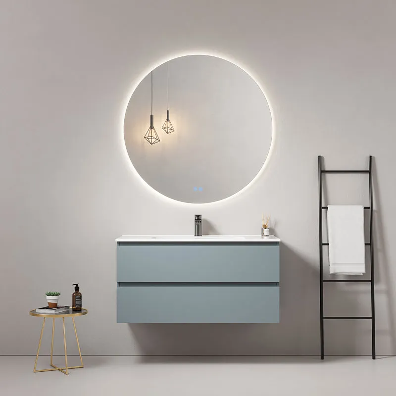 Mobile bagno sospeso 100 cm Blu Avio Lavabo in Ceramica Specchio Tondo Retroilluminato - Fiji Paint