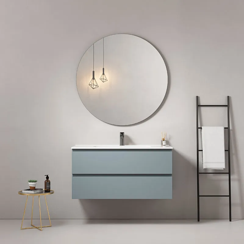 Mobile bagno sospeso 100 cm Blu Avio Lavabo in Ceramica Specchio Tondo - Fiji Paint