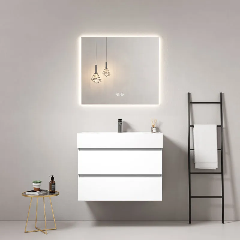 Mobile bagno sospeso 100 cm Bianco Lavabo in Resina Specchio Quadro Retroilluminato - Fiji Paint
