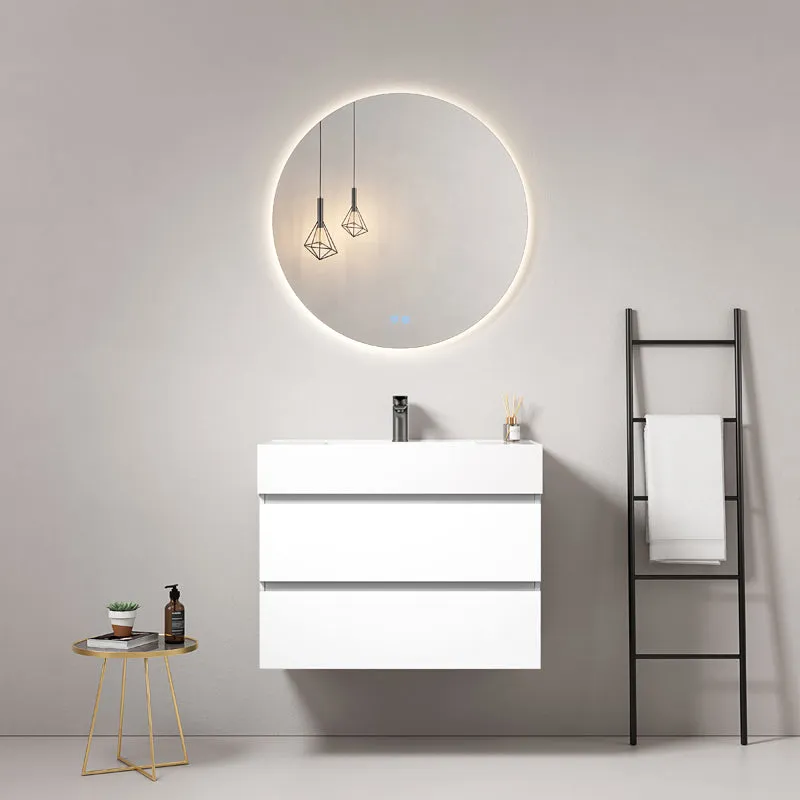 Mobile bagno sospeso 100 cm Bianco Lavabo in Resina Specchio Tondo Retroilluminato - Fiji Paint