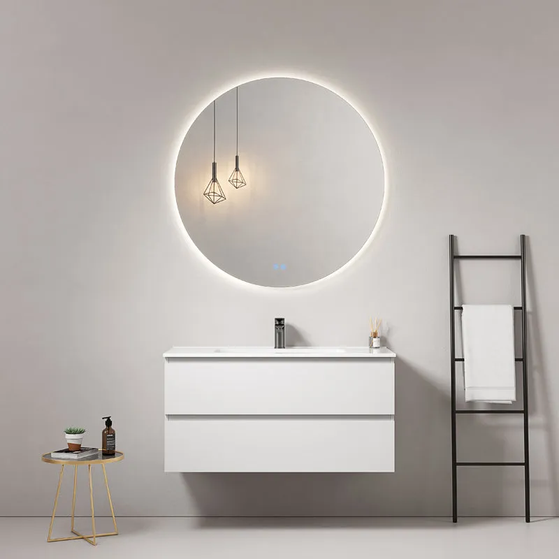 Mobile bagno sospeso 100 cm Bianco Lavabo in Ceramica Specchio Tondo Retroilluminato - Fiji Paint