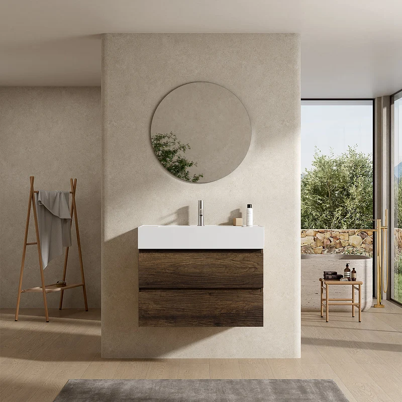 Mobile bagno sospeso 80 cm Bruno Scuro Lavabo in Resina Specchio Tondo - Fiji Wood