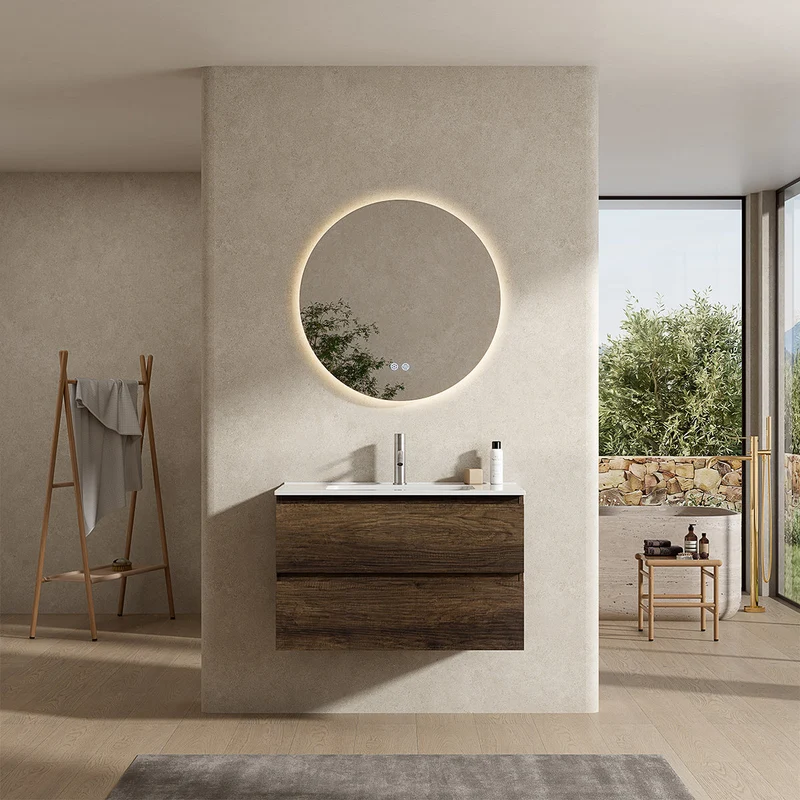 Mobile bagno sospeso 80 cm Bruno Scuro Lavabo in Ceramica Specchio Tondo Retroilluminato - Fiji Wood