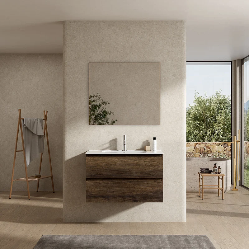 Mobile bagno sospeso 80 cm Bruno Scuro Lavabo in Ceramica Specchio Quadro - Fiji Wood