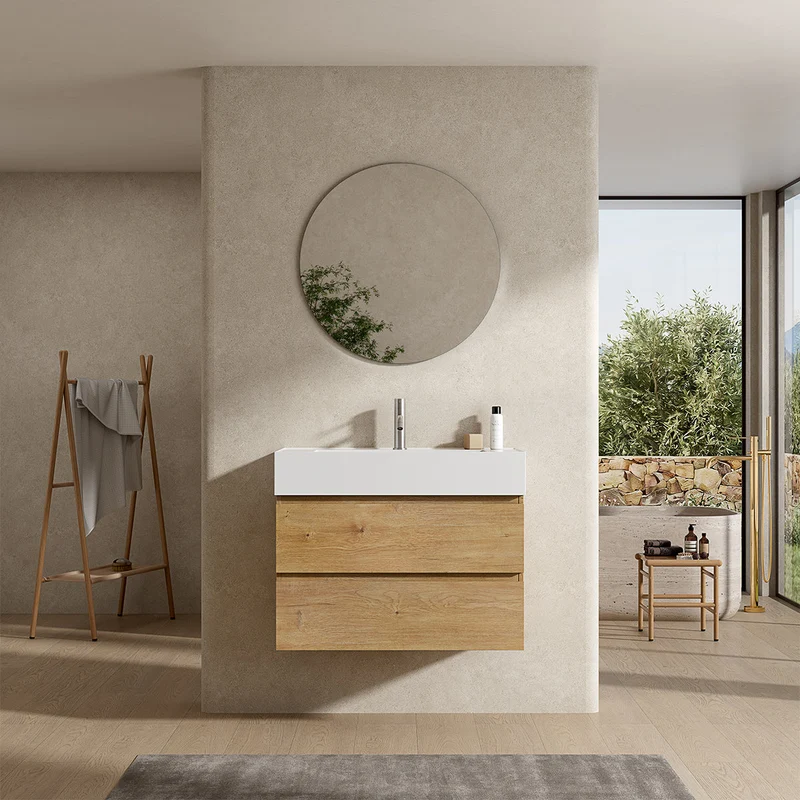 Mobile bagno sospeso 80 cm Bruno Medio Lavabo in Resina Specchio Tondo - Fiji Wood