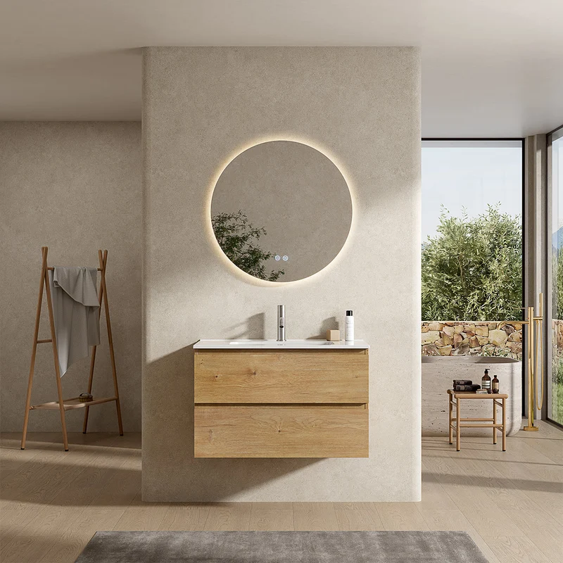 Mobile bagno sospeso 80 cm Bruno Medio Lavabo in Ceramica Specchio Tondo Retroilluminato - Fiji Wood
