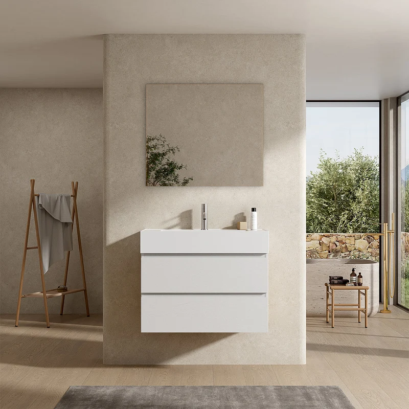 Mobile bagno sospeso 80 cm Bianco Lavabo in Resina Specchio Quadro - Fiji Wood