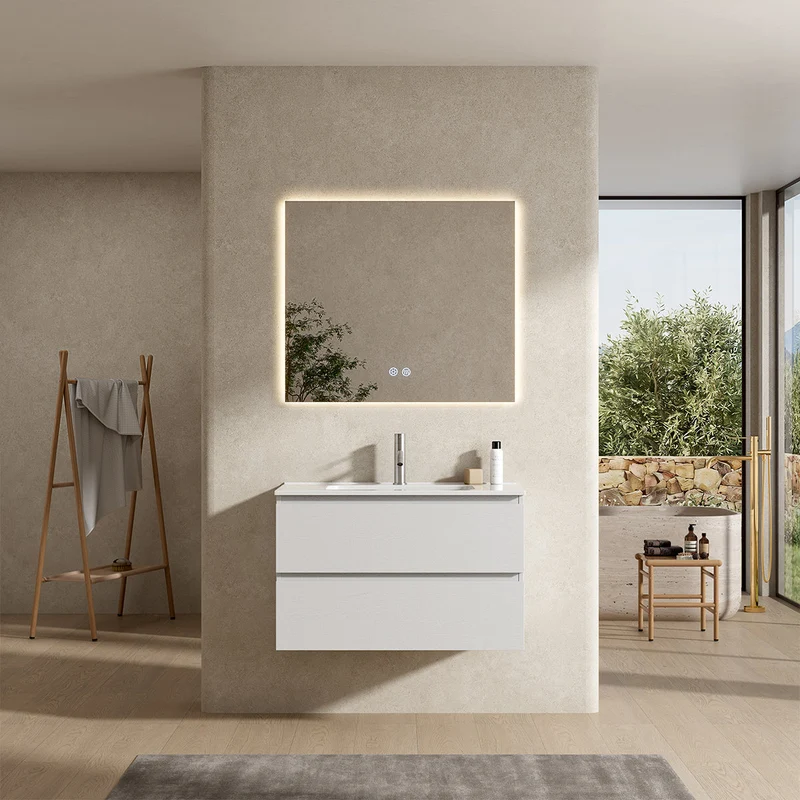 Mobile bagno sospeso 80 cm Bianco Lavabo in Ceramica Specchio Quadro Retroilluminato - Fiji Wood
