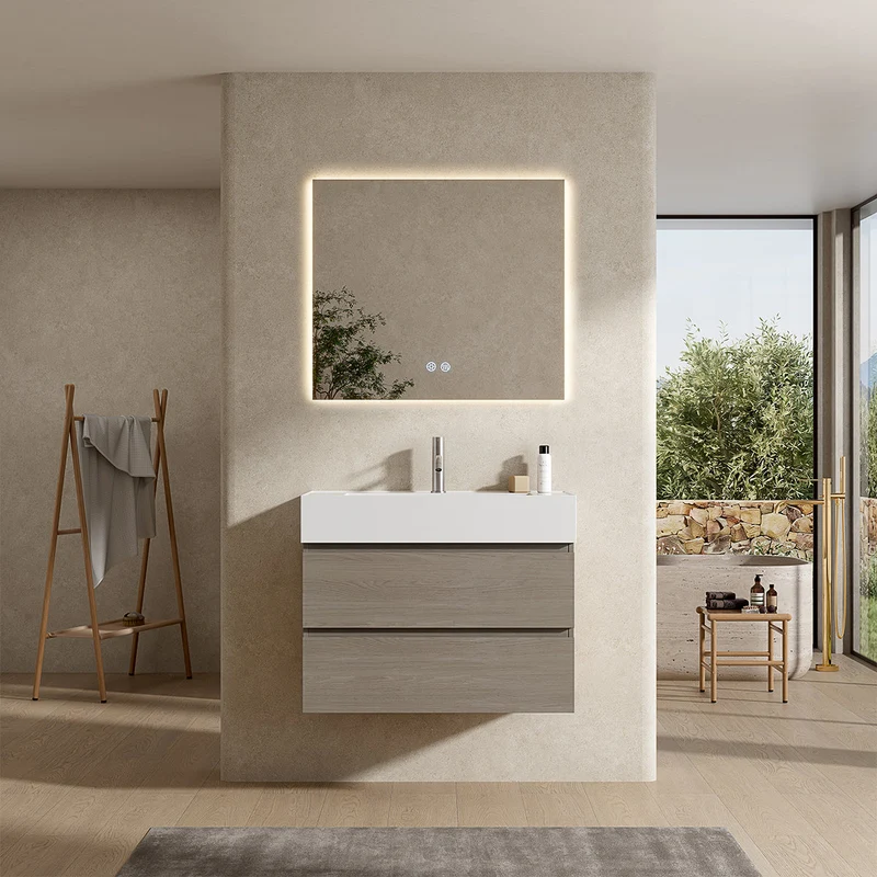 Mobile bagno sospeso 80 cm Beige Lavabo in Resina Specchio Quadro Retroilluminato - Fiji Wood