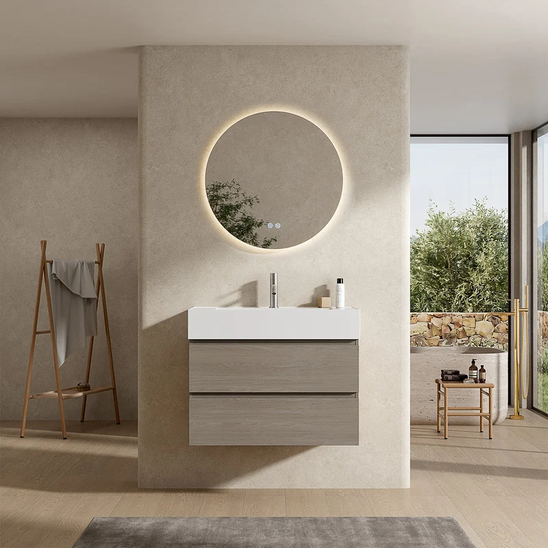 Mobile bagno sospeso 80 cm Beige Lavabo in Resina Specchio Tondo Retroilluminato - Fiji Wood