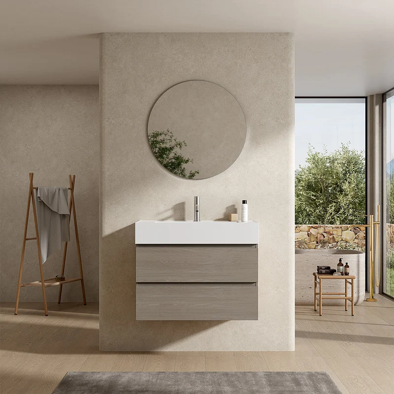 Mobile bagno sospeso 80 cm Beige Lavabo in Resina Specchio Tondo - Fiji Wood