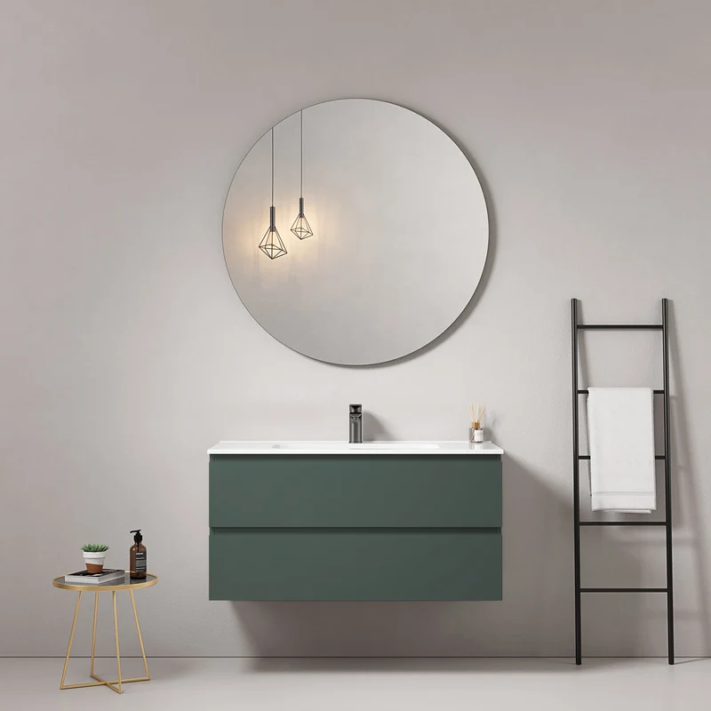 Mobile bagno sospeso 80 cm Verde Comodoro Lavabo in Ceramica Specchio Tondo - Fiji Paint