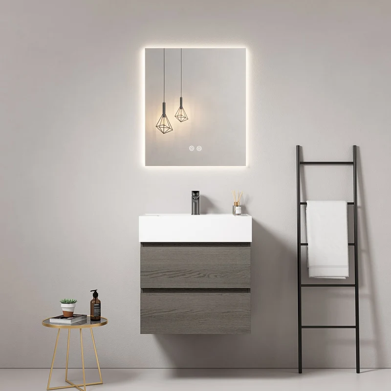 Mobile bagno sospeso 60 cm Grey Lavabo in Resina Specchio Quadro Retroilluminato - Fiji Wood