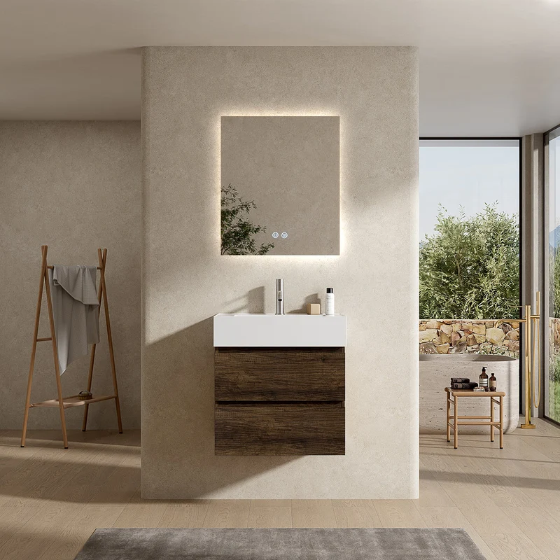 Mobile bagno sospeso 60 cm Bruno Scuro Lavabo in Resina Specchio Quadro Retroilluminato - Fiji Wood