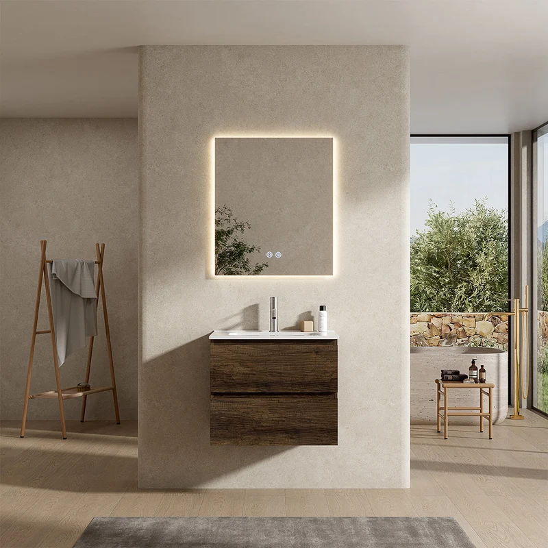 Mobile bagno sospeso 60 cm Bruno Scuro Lavabo in Ceramica Specchio Quadro Retroilluminato - Fiji Wood