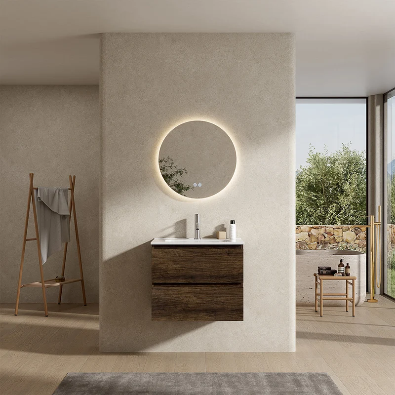 Mobile bagno sospeso 60 cm Bruno Scuro Lavabo in Ceramica Specchio Tondo Retroilluminato - Fiji Wood