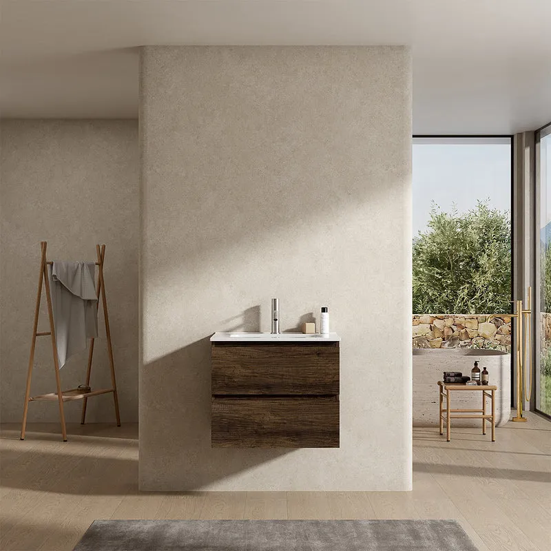 Mobile bagno sospeso 60 cm Bruno Scuro Lavabo in Ceramica Senza Specchio - Fiji Wood