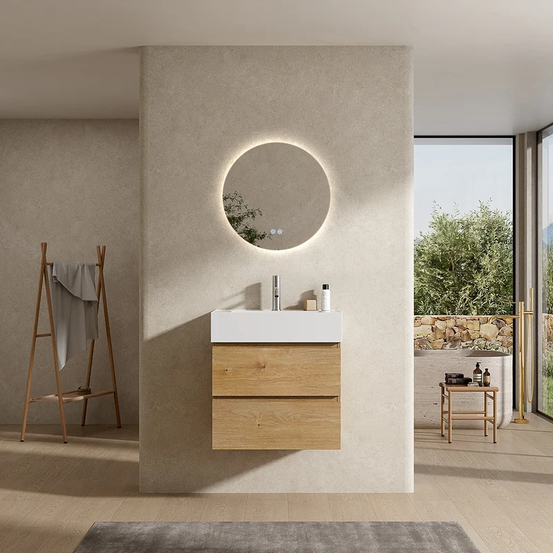 Mobile bagno sospeso 60 cm Bruno Medio Lavabo in Resina Specchio Tondo Retroilluminato - Fiji Wood