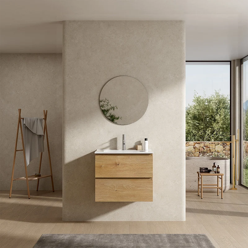 Mobile bagno sospeso 60 cm Bruno Medio Lavabo in Ceramica Specchio Tondo - Fiji Wood