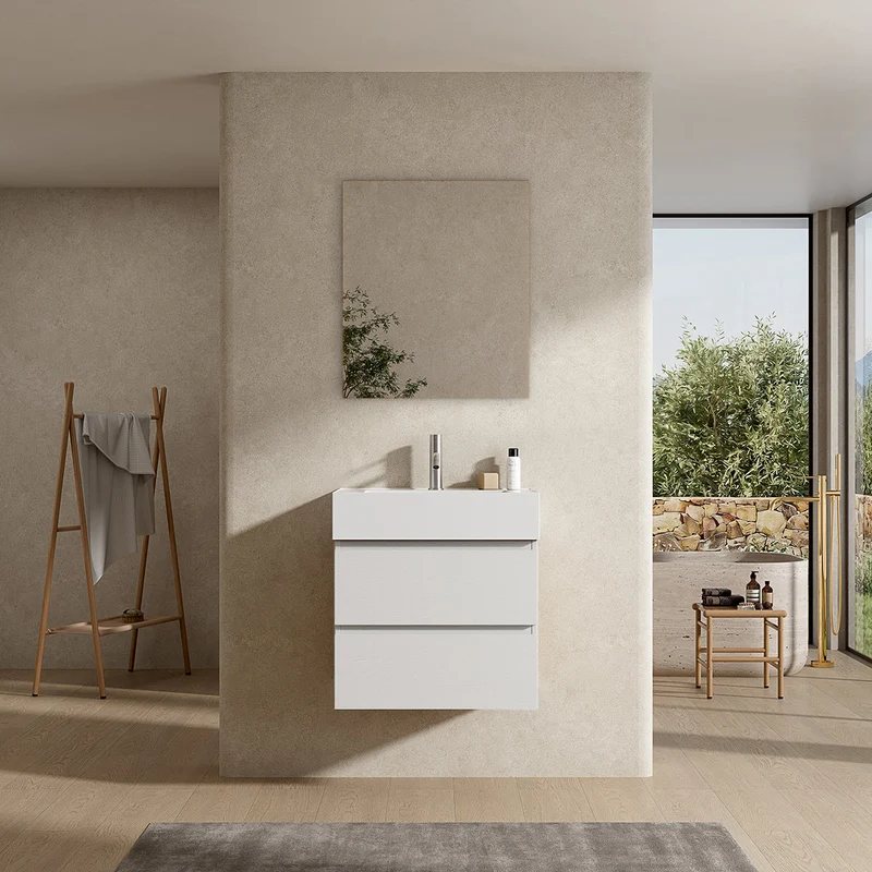 Mobile bagno sospeso 60 cm Bianco Lavabo in Resina Specchio Quadro - Fiji Wood