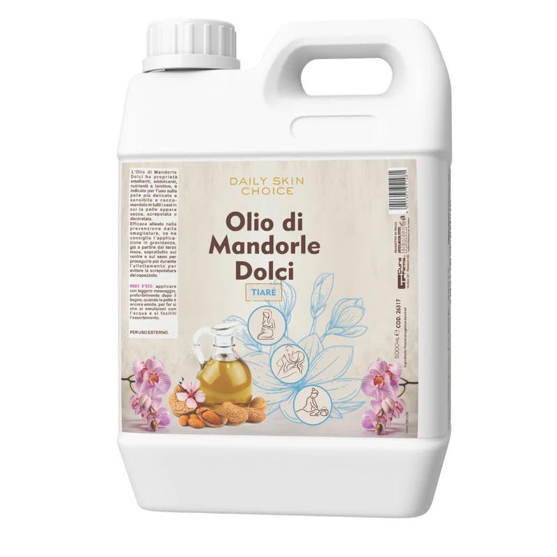 Olio di Mandorle Tiarè 5 Litri – Olio Naturale per Massaggi, Corpo e Capelli – Idratante ed Elasticizzante – Uso Professionale per Centri Estetici e SPA – Formato Convenienza 5L