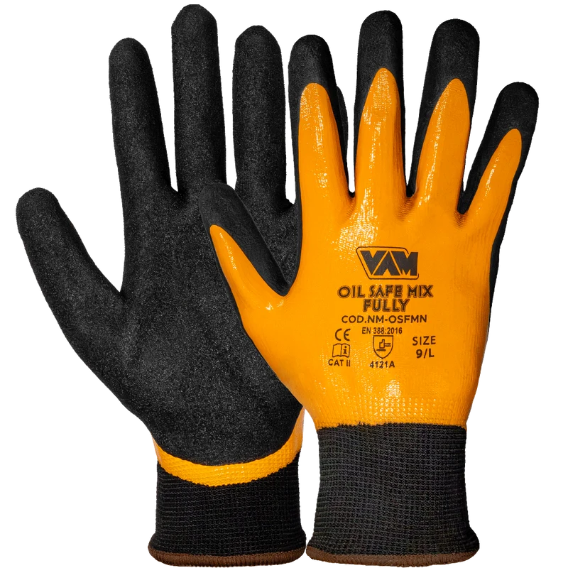 Guanti Poliestere Doppia Spalmatura Nitrile VAM Oil Safe Mix Fully NM-OSFMN - Arancione/Nero 240mm - Cartone 60 Paia
