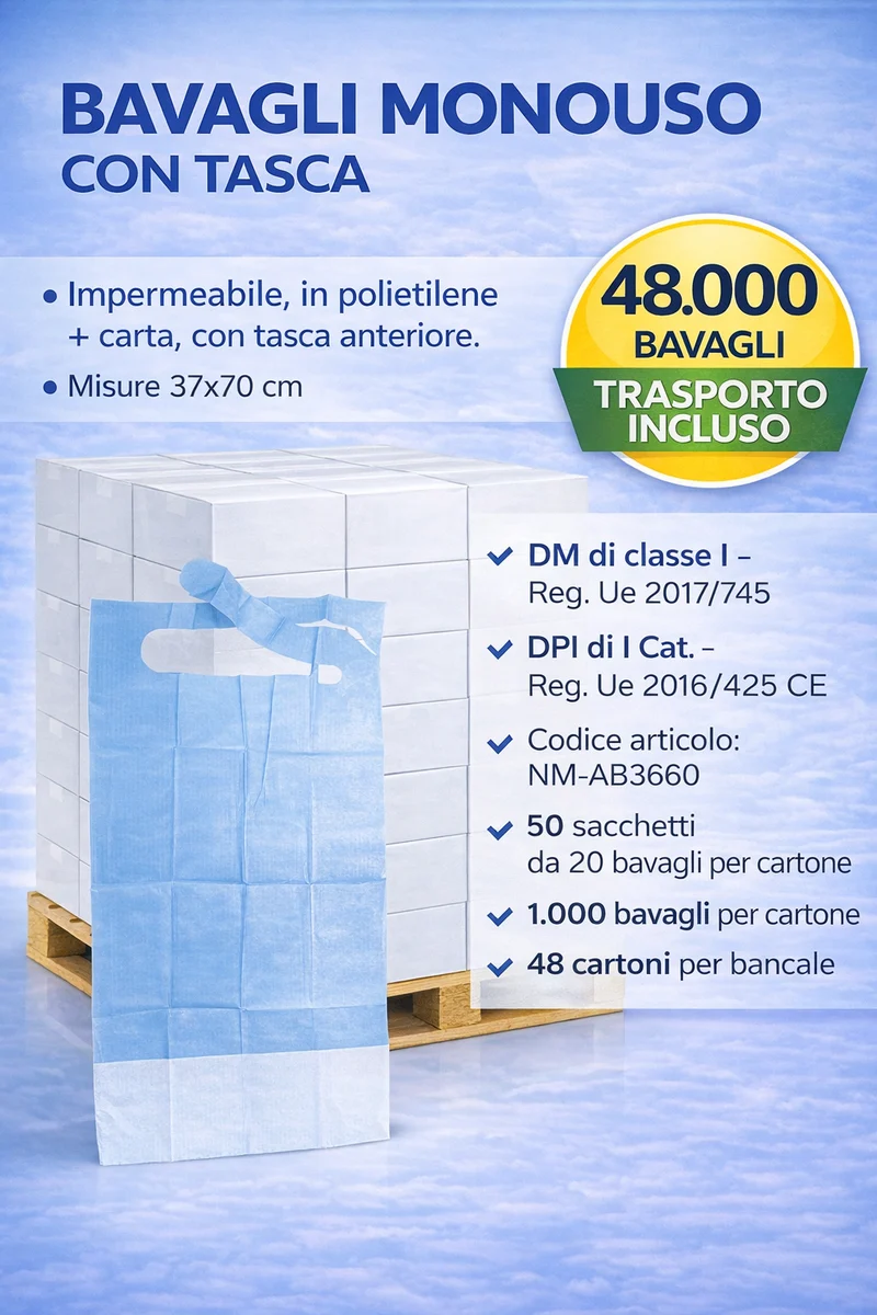 M+D bavagli monouso impermeabili con tasca 37x70cm - bancale 48.000 pz