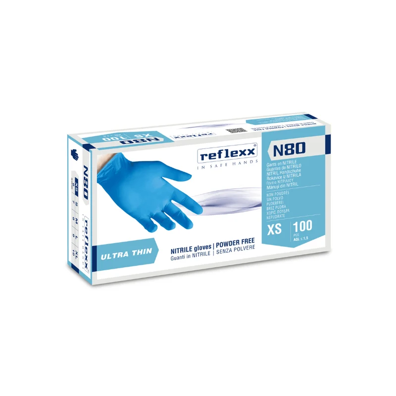 Guanti monouso in nitrile azzurro Reflexx N80B - 3,2g | 100 o 200 pezzi per box