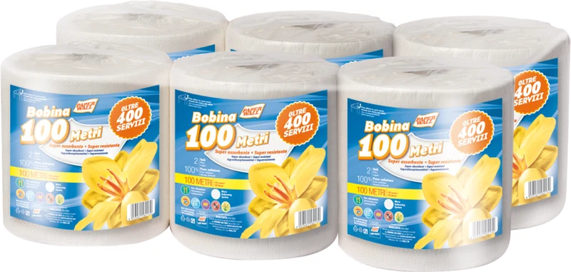 Bobina Professionale WALL159 - 2 Veli Pura Cellulosa - 100 m - 416 Strappi - Uso Alimentare - 6 Rotoli